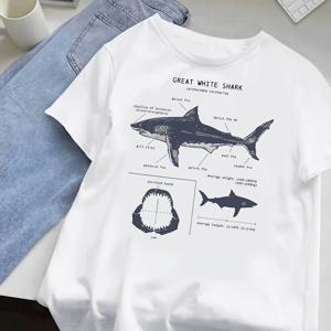 TEMU 여성용 상어 프린트 티셔츠 - 상어 & 블루 레터링, 반팔 라운드넥 캐주얼 여름 비치웨어, S-XXL 사이즈 다양한 컬러 (블루, 화이트, 블랙) - 세탁기 사용 가능한 상어 테마 탑