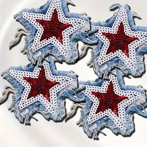 TEMU 4개 레드 데님 스타 시퀸 자수 패치, DIY 의류 및 가방용 다림질/바느질 어플리케 - 재킷, 청바지, 백팩, 티셔츠, 액세서리에 적합한 반짝이 원단 스티커