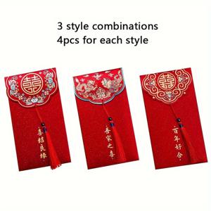 TEMU 금색 포일 태슬이 달린 빨간 봉투 12세트, 웨딩 빨간 포켓, 돈 봉투, 중국 결혼식 용품, 웨딩 아이템, 2025년 새해 빨간 봉투