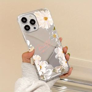TEMU 휴대폰 케이스 - 2025년 신상 럭셔리 미러 스타일 패션 크리에이티브 올인원 낙하 방지 플라워 디자인 아이폰 16, 15, 14, 13, 12, 11 Pro Max, XS, XR, 7, 8, SE JD1 호환