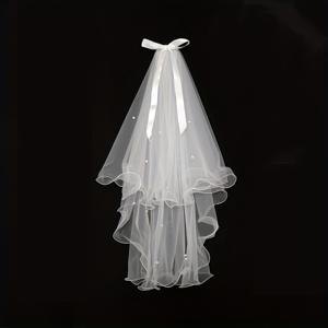 TEMU 비즈 장식 헤밍 보우 베일, 프렌치 웨딩 컨페션 파티용 숲 스타일 소형 베일 더블 레이어