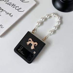 TEMU 글리터 리본 폰 케이스, 펄 팔찌 포함, 삼성 갤럭시 Z 플립 6, 5, 4, 3와 호환됩니다.