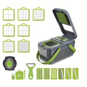 TEMU 채소 다지기용 22-in-1 수동 식품 그레이터 세트 (감자 다지기, 과일/채소 슬라이서, 양파 다지기, 13개의 날이 있는 다지기 포함), 샐러드, 감자, 당근 준비를 위한 거름망 바구니 및 용기 포함|야채다지기