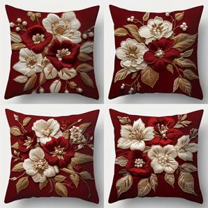 TEMU 4개 세트, 2D 평면 프린팅. 레갈 자수 플로럴 베개커버 세트. 진한 레드 배경에 큰 흰색, 빨간색, 금색 잎사귀의 정교한 자수로 장식. 비실물자수. 사이즈 17.7 x 17.7인치, 베개솜 미포함, 2D 평면