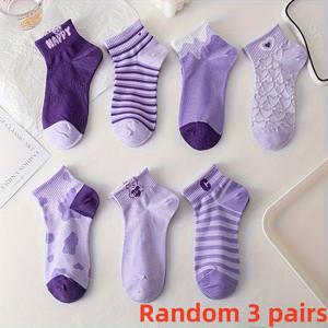 TEMU 귀여운 보라색 만화 여성용 숏 삭스 3켤레 세트, 통기성 좋은 소재, 곰돌이와 하트 패턴, 부드러움 - 모든 상황에 적합