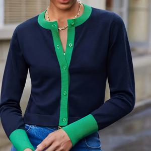 TEMU 여성 의류, 네이비 블루 & 그린 컬러 블록 카디건, 캐주얼 긴팔 버튼 V넥, 봄/여름에 적합, 디테일이 있는 루즈핏 탑, 가벼운 오픈 프론트 카디건