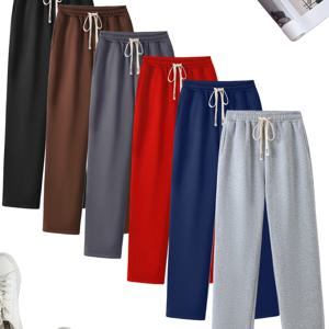 TEMU 여성용 캐주얼 조거 팬츠 6개, 끈 허리 & 더블 포켓 - 가벼운 모든 계절의 편안함, 단색 (검정색, 갈색, 회색, 빨간색, 파란색, 회색) - 캐주얼 의상, 조깅 팬츠, 편안한 의류, 디자인, 부드러운 원단 팬츠