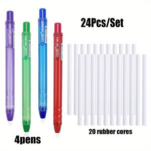 TEMU 24개/세트 파란색/녹색/빨간색/보라색 펜 모양 엠보싱 지우개, 교체 가능한 코어 포함 - 쓰기 및 지우기 문구류 선물용 정교한 필기 도구 (펜 4개 + 교체 가능 코어 20개 세트)