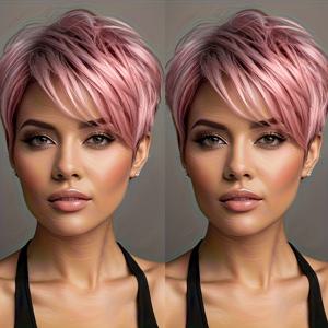 TEMU 여름 패션 핑크 여성용 짧은 가벼운 픽시 가발 - 150% 밀도 로즈 네트 캡, 옴브레 핑크 합성 머리, 레이어드 스타일, 비치 스타일, 초보자 친화적 가발, 데일리, 파티, 휴가, 웨딩, 할로윈, 코스프레 착용