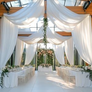 TEMU 크리스마스 웨딩을 위한 다용도 장식을 위한 고급 10미터 화이트 시어 커튼. 생일/발렌타인데이/할로윈 파티 세팅을 위한 투명하고 부드러운 원단 특징. 울트라 롱 플로잉 드레이프가 특징입니다.