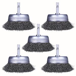 TEMU 드릴용 5pcs 와이어 컵 브러시, 1/4인치 헥스 샤크, 3인치 파워 브러시 드릴 액세서리, 탄소강, 녹, 스티핑 및 연마에 이상적, 청소용 드릴 브러시 액세서리 | 헥사곤 샤크 | 내구성이 뛰어난 탄소강, 청소용 드릴 브러시 액세서리