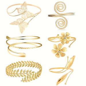 TEMU 금색 오픈 나비 잎이 특징인 스타일의 여성 해변 휴가에 완벽한 대형 팔찌 6종 세트