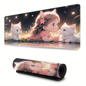 TEMU 주스 걸과 흰 고양이 마우스 패드 120×60cm 개인화된 창의적인 마우스 패드 디자인 XXL 100×50cm 대형 게임 90×40cm 마우스 패드 - 확장된, 두꺼운, 미끄럼 방지 고무 베이스 80×40cm 데스크 매트 - 정밀한 스티치 엣지가 있는 세탁 가능한 대형 60x30cm 데스크 패드