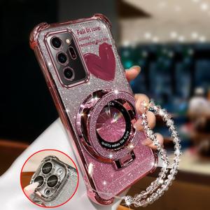 TEMU 갤럭시 노트 20 울트라 케이스: 러브 하트 손목 스트랩 자석 글리터 반짝이 휴대폰 홀더 케이스, 충격 방지 방탄 백커버