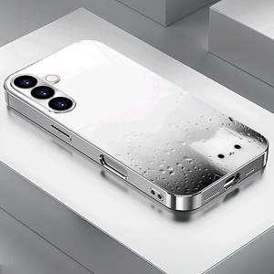 TEMU 휴대폰 케이스 - 물방울 흰 고양이 패턴 전기 도금 은색 강화 유리 새 휴대폰 케이스 (삼성 갤럭시 S25/S24/S23/S22/S21/S20/노트 20/A04/A05/A10/A12/A13/A14/A15/A20/A21S/A22/A23/A24/A25/A31/A32/A33/A35/A34/A50/A51/A52/A53/A54/A용)