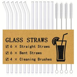 TEMU 16개 재사용 가능한 유리 빨대 세트, 사이즈 215*10mm, 투명 유리 음료 빨대, 직선형 6개와 구부러진 형태 6개 포함, 청소 브러시 4개 제공, 스무디, 주스, 차에 적합, 길이 21.5cm