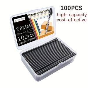 TEMU 100개 2B 목공용 연필심 - 길이 90mm, 지름 2.8mm, 목수 및 엔지니어를 위한 드로잉 레진 리필 - 고정밀 마킹 액세서리 투명 보관함 포함 | 사무실 & 건설 용품, 목공에게 필수적인 부드러운 쓰기 연필심