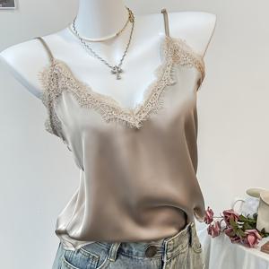 TEMU 여성 솔리드 컬러 쉬폰 레이스 민소매 탑, 스타일리시하고 섹시한 크롭 셔츠