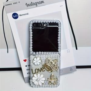 TEMU 휴대폰 케이스 - 고급스러운 핸드메이드 진주 왕관 꽃 접이식 폰 케이스, 삼성 갤럭시 Z 플립 3 4 5 6 7에 적합, 고급 충격 방지 폰 케이스, Motorola Razr 50 / Razr 50 Ultra / Razr 60 / Razr 60 Ultra와 호환