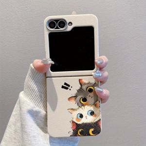 TEMU 귀여운 들여다보는 고양이 만화 풀커버 흑백 낙하 방지 휴대폰 케이스, 삼성 갤럭시 Z 플립 6, 삼성 갤럭시 Z 플립 5, 삼성 갤럭시 Z 플립 4, 삼성 갤럭시 Z 플립 3 5G용, TPU 폴딩 휴대폰 케이스, 삼성 갤럭시에 적합, 풀커버 낙하 방지, 슬림하고 가벼운, 견고한 쉘, 스크래치 방지