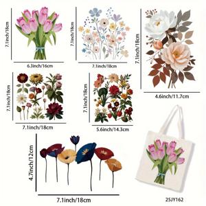 TEMU 6개입 핑크 & 블루 플로럴 열전사 시트 세트 - 티셔츠, 가방, 패브릭 장식용 DTF 다림질 스티커, 세탁 가능 폴리에스터 스티커, 의류 및 청바지 액세서리용, 생생한 디자인, 내구성 강화 AYJ