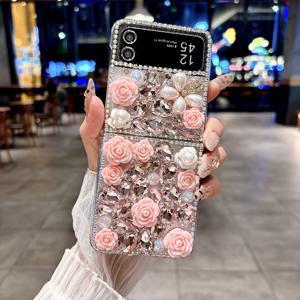 TEMU 휴대폰 케이스 - 진주와 라인스톤 디자인의 입체적인 꽃 모양 휴대폰 케이스, 삼성 Z Flip 3/4/5/6/7 플립 커버 호환, 전체 보호