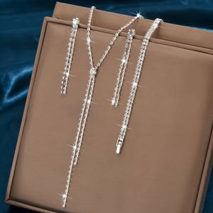 TEMU 반짝이는 라인스톤 목걸이, 귀걸이, 팔찌 세트 | 실버 도금, 구리, 신부, 결혼식 및 연회 액세서리에 적합, 올 시즌, WLOERINS 브랜드