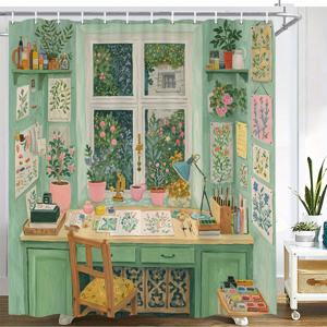TEMU 1개 스튜디오 샤워 커튼 - 소프트 그린 벽, 핑크 & 그린 화분 디자인, 내구성 폴리에스터 원단, 세탁 가능, 욕실 장식용 후크 포함, 욕조 프라이버시, 창의적인 홈 데코, 컬러풀 샤워 커튼, 예술적 룸 액세서리