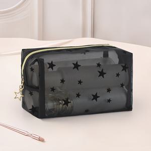 TEMU 지퍼형 휴대용 메시 메이크업 가방, 소형 여행용 세면도구 가방, 세련된 블랙 별 패턴이 특징인 가벼운 화장품 파우치