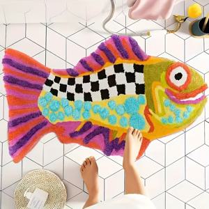 TEMU 1개 창의적인 컬러풀 못생긴 물고기 러그, 욕실용 불규칙 카펫, 인조 캐시미어 흡수력 좋은 두꺼운 샤워룸 매트