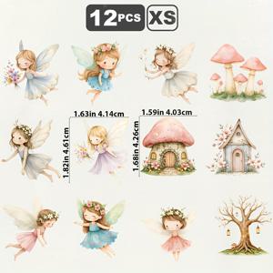 TEMU 12개 수채화 마법 정원 요정, 사랑스러운 자연 요정 숲 판타지, 요정의 집 매직 핑크 세트 스티커, 의류, 티셔츠, 청바지, 백팩에 적합한 DTF, 개인화된 스타일, 세탁 가능한 열전사 디자인 스티커