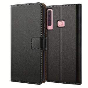 TEMU 갤럭시 A9 (2018) 지갑형 케이스 - 킥스탠드 내장 블랙 가죽 플립 보호 폰 케이스 커버