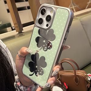 TEMU 아이폰 16 15 14 13 12 11 프로 맥스용 귀여운 네잎 클로버 도트 실버 엣지 미러 폰 케이스 - 스타일리시 여름 크리에이티브 광택 충격방지 범퍼 커버