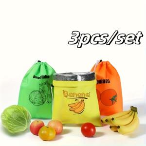 TEMU 재사용 가능한 과일 및 채소 보관 백 3개 세트. 양상추, 배추, 바나나, 토마토, 녹색 고추 등을 신선하게 보관하기에 완벽합니다. 크기는 *10.8인치이며 주방, RV, 가정 보관에 적합합니다. 폴리에스터 재질입니다.