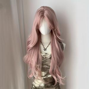 TEMU 여성용 가발 1개, 12개월용 26인치, 은은한 라이트 핑크, 옆으로 빗어진 앞머리, 웨이비 롱 컬리 헤어, 일상 역할극, 데이트, 파티용, 달콤하고 눈부신 풀헤드 가발