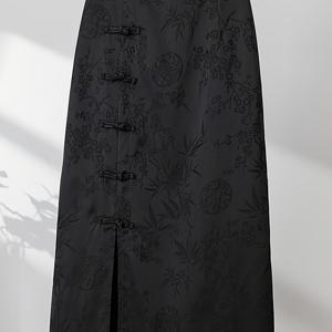 TEMU 리얼 샷 블랙 개선된 신상 중국 스타일 중국 매듭 힙 랩 스커트 레트로 자카드 하이웨스트 미디 스커트 여성