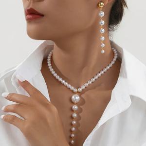 TEMU 1세트 패셔너블하고 우아한 Y자형 인조 진주 목걸이와 귀걸이 세트, 귀 클립 스타일 (귀 구멍 없음), 여성용 데일리 착용 및 결혼식 시즌, 어머니날 및 휴일 선물