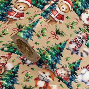 TEMU 1롤 두꺼운 찢김 방지 크래프트 크리스마스 포장지 - 곰, 여우, 다람쥐 숲 디자인 - 대형 롤 17