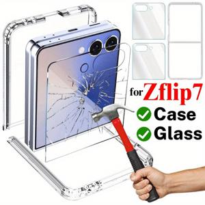 TEMU 삼성 갤럭시 Z 플립 7 전용 필름 쉴드 3in1 케이스 + 강화유리 스크린 보호필름 2개 세트, 초슬림 투명 PC 케이스, Z 플립7 호환, 삼성 플립 7 휴대폰 케이스, 휴가 선물