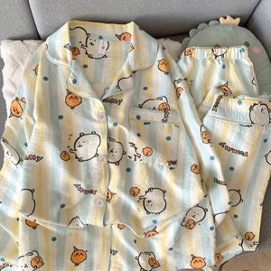 TEMU 여성을 위한 고품질 일본 만화 귀여운 자기 비하 곰돌이 잠옷, 봄/여름용 넉넉한 핏의 긴소매 및 긴바지 라운지웨어 세트, 외출복으로도 착용 가능, 캐주얼 가디건, 투피스 세트