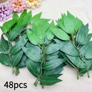 TEMU 48개 인조 나무 잎 가지, 항상 푸른 식물 모조 녹색, 수제 꽃잎 장식, 홈 데코, 결혼식 및 파티 장식, 테이블 상판 디스플레이 및 시즌 축하 행사에 적합