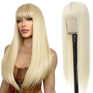 TEMU 여성을 위한 우아한 26인치 가발, 롱 헤어와 밝은 블론드 앞머리가 특징입니다. 내열성 합성 섬유로 제작되었습니다. 모든 피부톤에 적합한 기본 스타일이며, 일상복, 파티, 코스프레 및 축제에 완벽합니다.