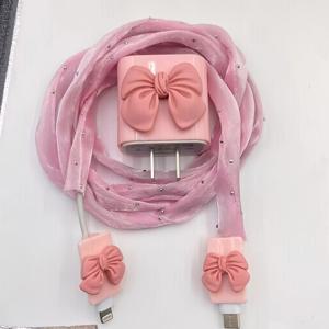 TEMU 아이폰 충전기 및 케이스 4개 세트 (아이폰 14 프로 맥스/13/12/11 호환), 18W/20W 고속 충전기 호환, 스크래치/낙하 방지, 귀여운 핑크 리본 커버 - 스타일리시 충전기 랩, 선물용으로 이상적