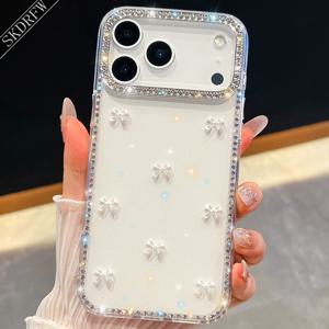 TEMU 아이폰 17, 17 Air, 17 Pro, 17 Pro Max, 16, 16 Pro, 16 Pro Max, 16 Plus, 15, 15 Pro, 15 Pro Max, 14, 14 Pro, 14 Pro Max, 13, 13 Pro, 13 Pro Max용 럭셔리 라인석 박힌 프레임 입체 작은 리본 휴대폰 케이스