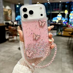 TEMU 애플 아이폰 17, 17 프로, 17 알르, 17 프로 맥스용 반짝이는 나비 핸드 로프 폰 케이스, 아티스틱 보호 풀 바디 부착 플라스틱 몰드 보호 커버 블링 플로트 남편 선물 최고의 고급 차량용 휴대폰 커버, 질감 그립 커버, 스파이럴 케이스