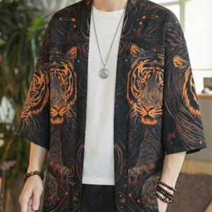 TEMU 남성 빈티지 프린트 기모노 스타일 가디건 셔츠 - 100% 가벼운 폴리에스터 소재, 루즈핏, 칼라리스 디자인, 호랑이 프린트. 봄, 여름, 가을에 적합한 선 샤울, 세탁기 사용 가능, 트렌디한 선물, 중국 사이즈