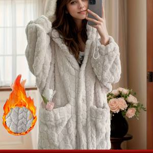 TEMU 가을/겨울용 플러시 보온 코랄 자카드 파자마, 편안하고 심플한 고급스러운 새로운 스타일, 14세 이상 십대용, 주머니가 있는 수면 드레스, 따뜻한 긴소매 후드 목욕 가운, 새로운 스타일의 아우터웨어 라운지웨어, 십대용