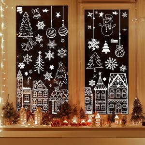 TEMU 크리스마스 심플하고 창의적인 흰색 눈송이 크리스마스 장식품, 흰색 라인 집 정전기 흡착식 창문 데칼, 양면 시야형 크리스마스 창문 스티커, 정전기 흡착식 유리 진열창 데칼, 장면 연출용, PVC 소재, 재사용 가능