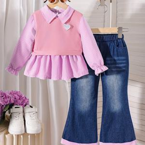 TEMU 여아용 패션 봄/가을 컬리지 스타일 컬러블록 2-in-1 룩: 칼라 셔츠 + 캐주얼 플레어 팬츠 세트. 달콤하고 귀여운 디자인, 부드럽고 피부 친화적인 소재. 학교, 휴가 여행, 가족 모임, 일상 외출, 야외 활동에 적합, 야외 활동에 완벽