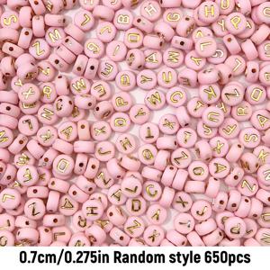 TEMU 2D 플랫 - 650개 라이트 핑크 플랫 라운드 레터 비즈 세트 (골드 레터링) - 4X7mm 아크릴 비즈, 팔찌, 목걸이 등 자신만의 주얼리 제작에 적합